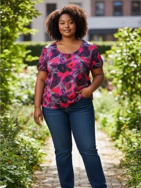ADDITION  ELLE Bright Pink & Purple Printed Women’s Blouse  Short Sleeve size 18